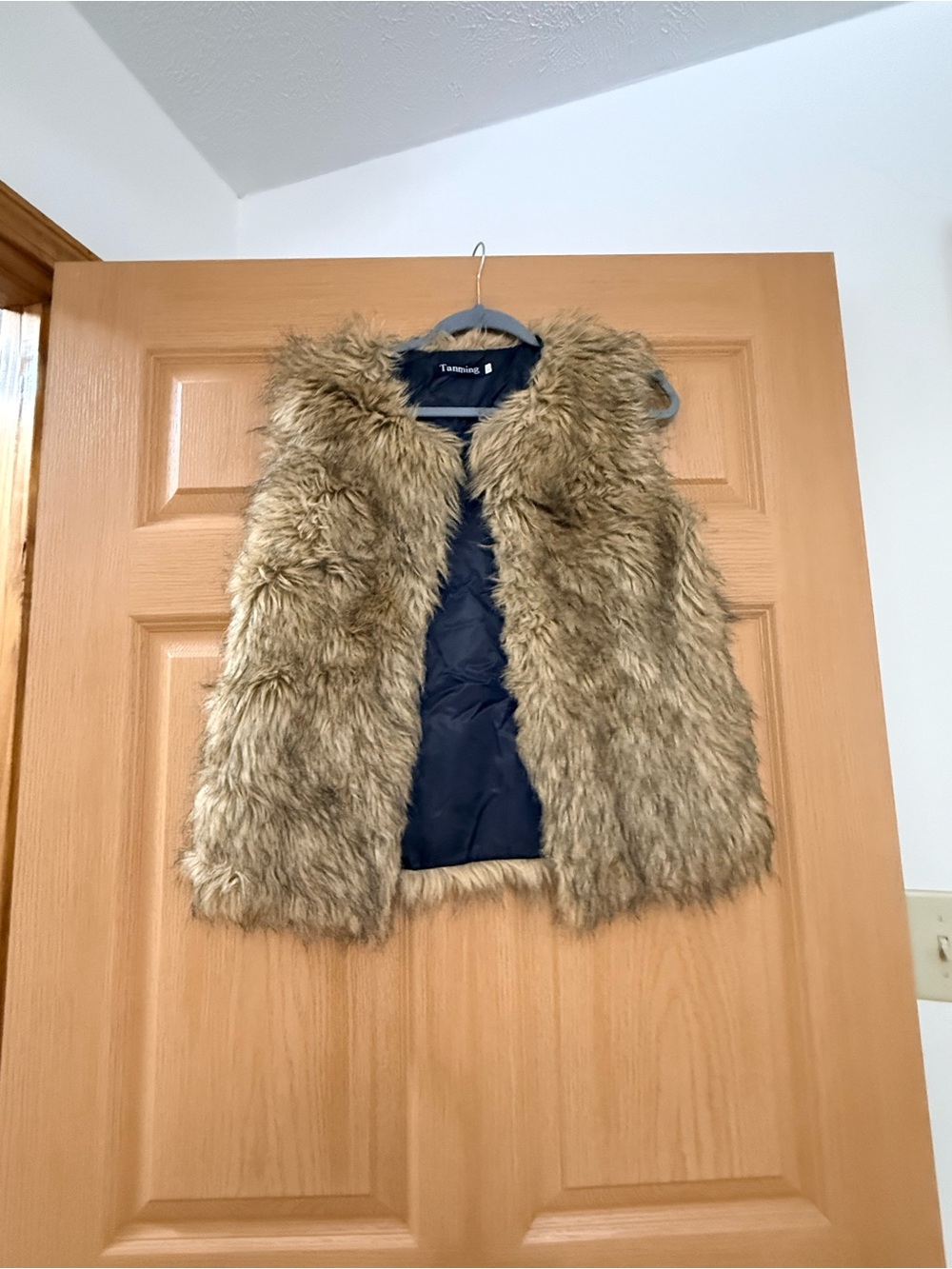 Faux Fur Vest in Tan with Navy Lining - Women's Layering Vest